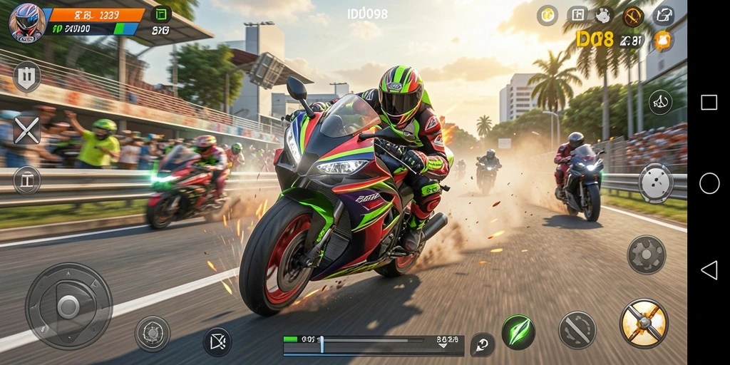 Tampilan gameplay ID098 menampilkan balapan motor yang cepat dan seru.