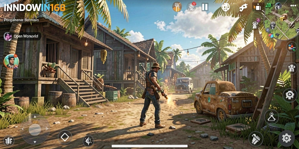 Tangkapan layar gameplay INDOWIN168 dengan petualangan di dunia terbuka.