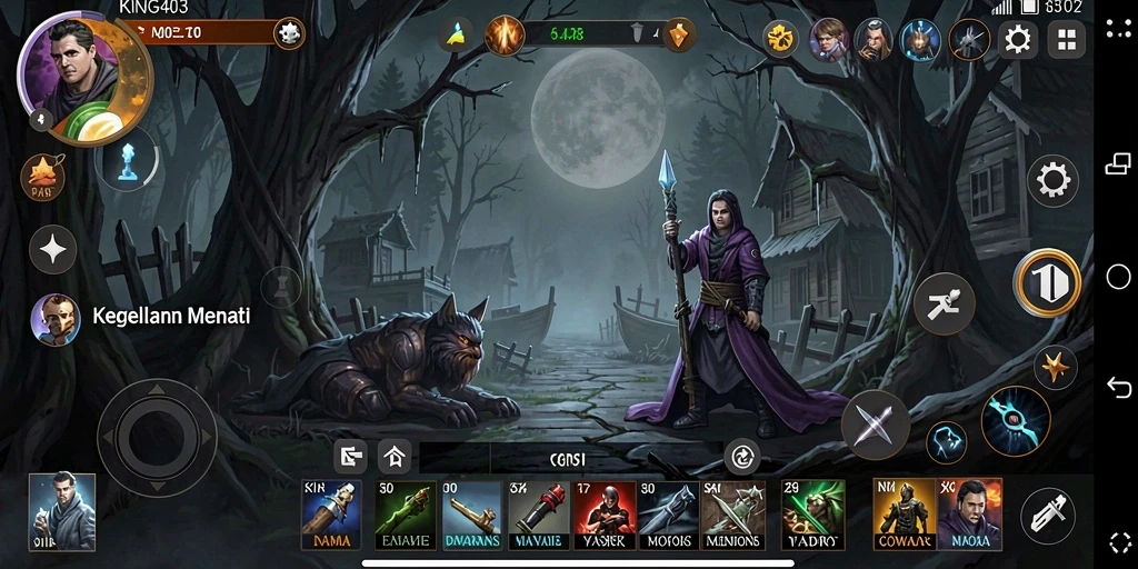 Screenshot KING403 menunjukkan pemain menghadapi makhluk mengerikan di kegelapan.