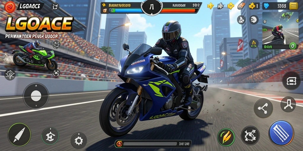 Tampilan screenshot LGOACE menampilkan balapan motor yang mendebarkan.