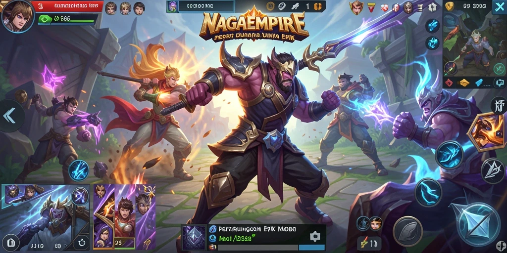 Screenshot gameplay NAGAEMPIRE menampilkan pertarungan tim yang intens.