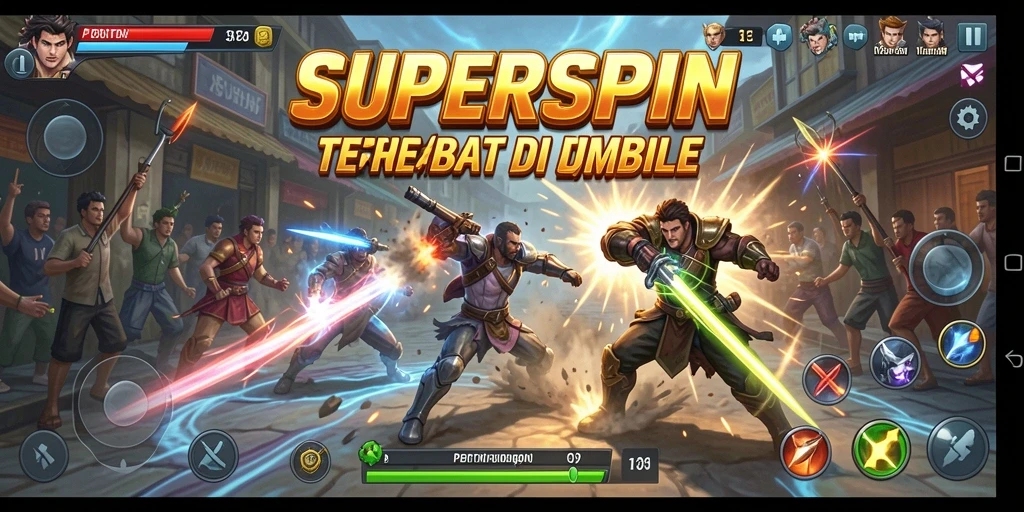Tampilan gameplay intens penuh aksi pertarungan karakter SUPERSPIN.
