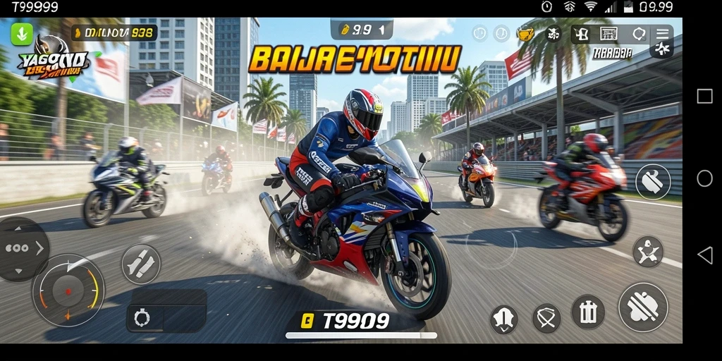 Screenshot utama T9999 menampilkan aksi balap motor yang menegangkan.